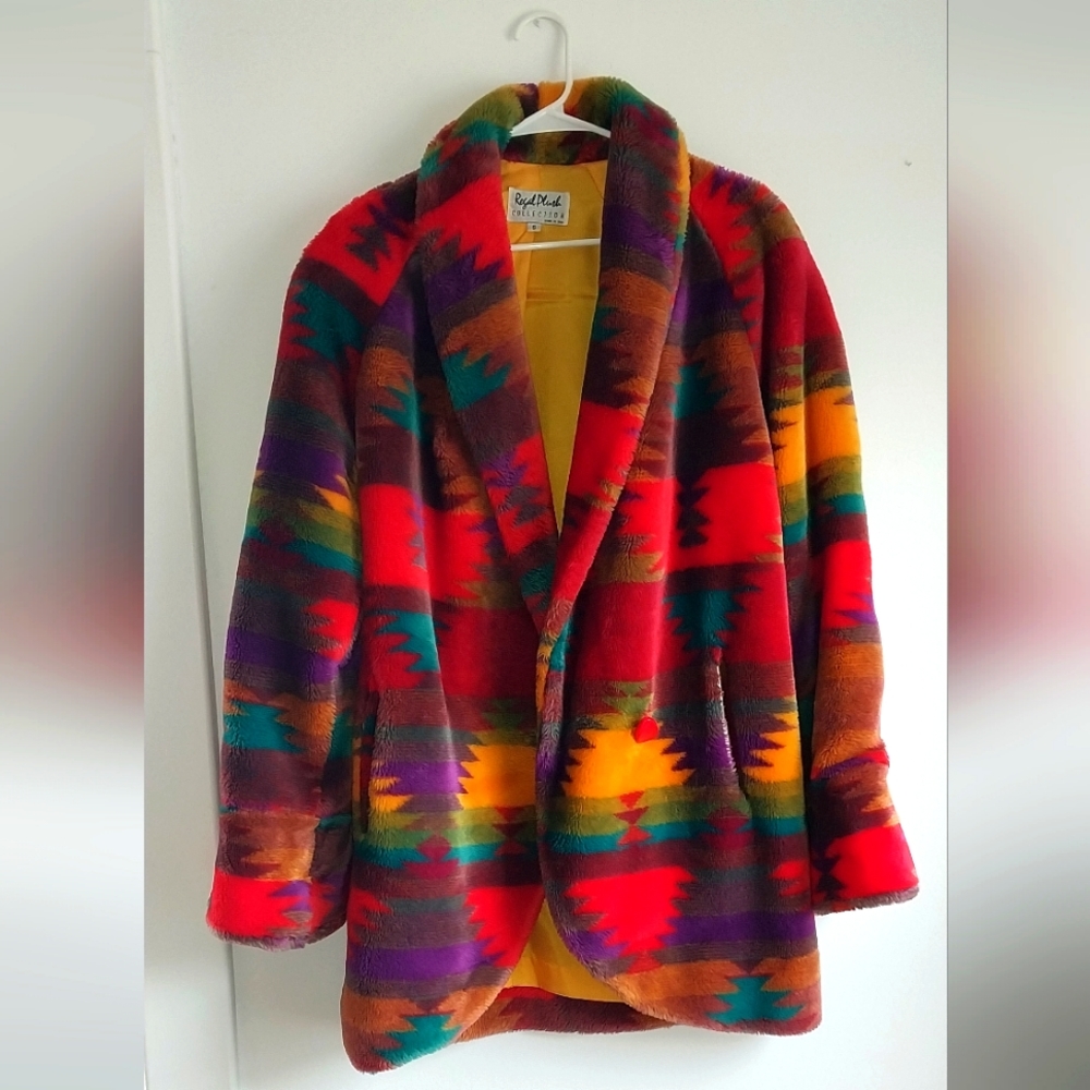 Vintage 80’s Regal Plush Colorful Hippie Western Style Oversized Faux Fur Coat